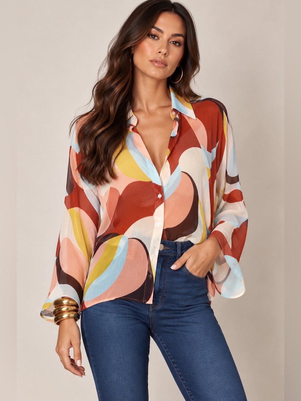 Zara Multicolor Abstract Wave Button-Down Shirt